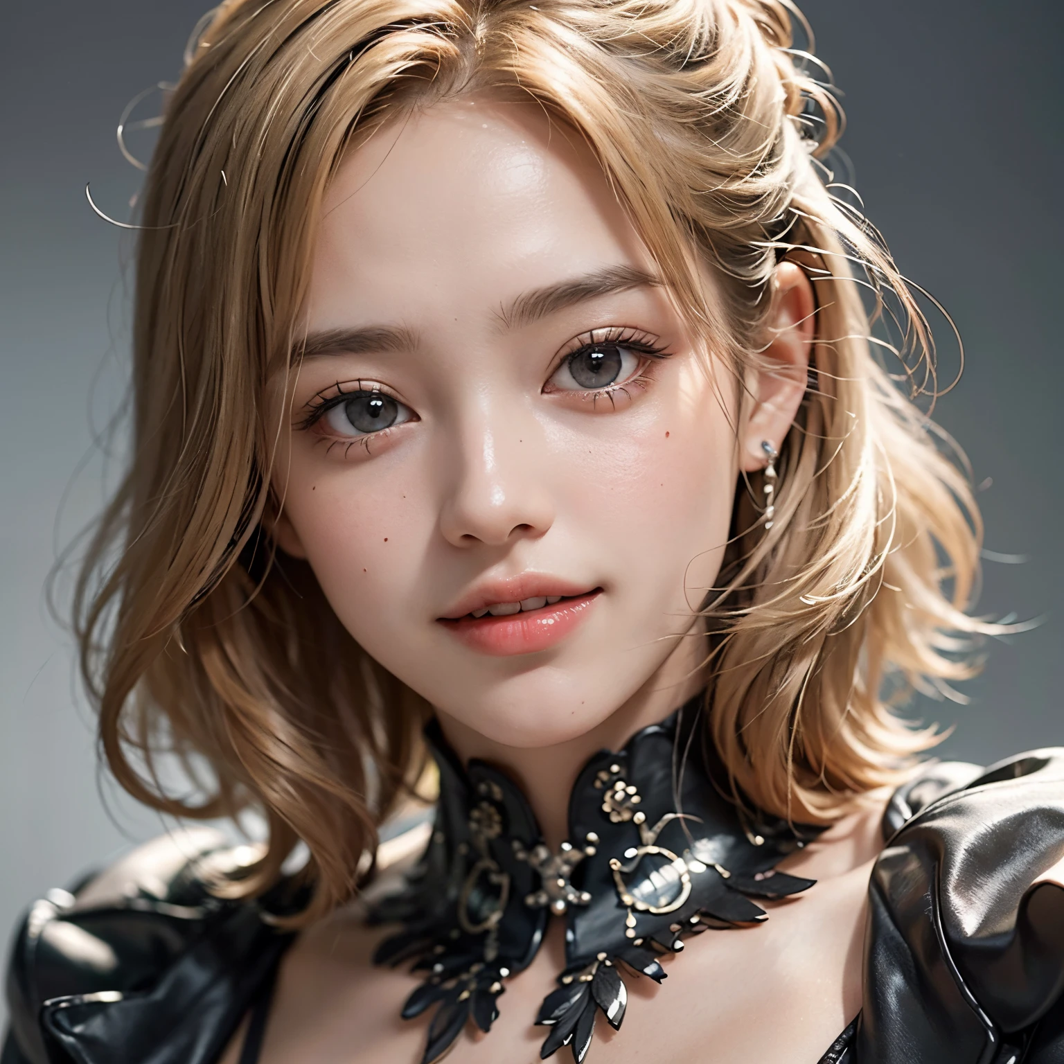 Best-quality, Masterpiece, Ultra-High-Resolution, (Photorealistic:1.4), Raw-Photo, Extremely-Details, Perfect-Anatomy, 1girl, 12-years-old, most popular Japanese idol, portrait, innocent smile, extremely cute childish face, extremely beautiful big black solid circle eyes, extremely beautiful blonde short cut haired, extremely beautiful realistic skins, extremely beautiful lips, extremely beautiful long eyelashes, extremely beautiful teeth, detailed cute face, detailed childish face, detailed eyes, detailed blonde hair, detailed realistic skins, detailed lips, detailed long eyelashes, detailed teeth,