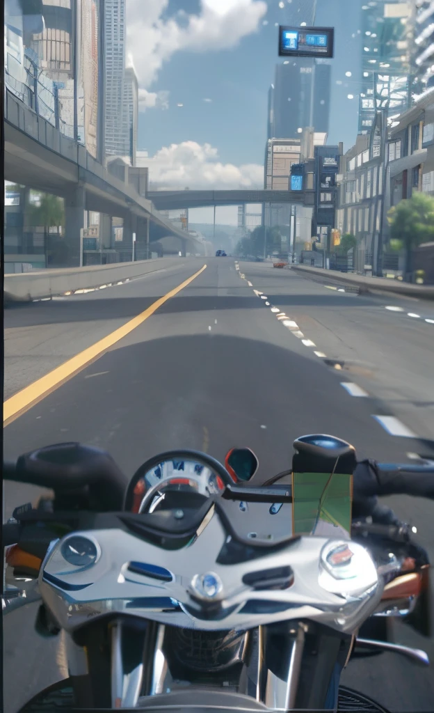 First person motorcycle riding，There  a car in the background,Motorcycle speeding on high dynamic background, riding on the road,  First-person screenshot, screengrab, pc screenshot, life simulator game screenshot, amazing graphics, riding motorcycles, On a realistic heads-up display, riding a futuristic motorcycle, Gameplay remains, motorbiker, video game screenshot, first person perspective