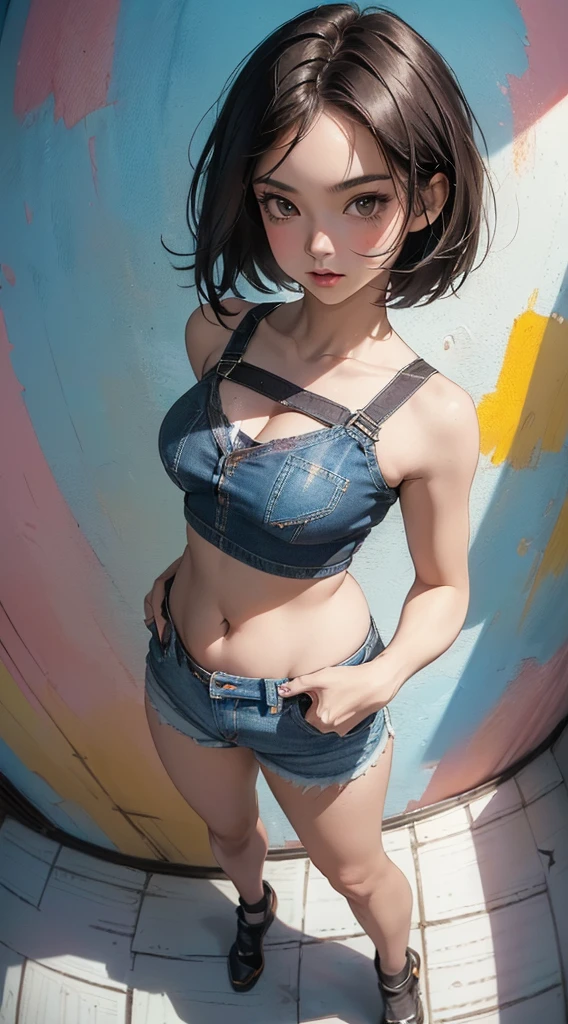 Masterpiece, high quality, 8k, ultra detail, 1 girl, ((kamisatoayakarnd)) standing, indoors, (large breast), cleavage, ((paw poses)), ((shorts jeans, micro bra))