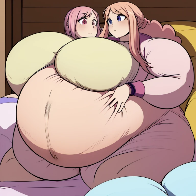 Anime woman Enormous bloated expanding diaper mess, huge bloated pregnant belly, huge overflowing breast, kissing a woman