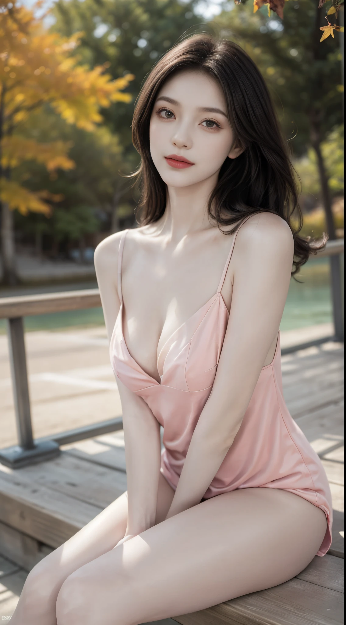 MiS5, fashi-girl. red lips, mature female, makeup, ((Random shooting angles)), (best quality, masterpiece:1.2), ultra-detailed, (realistic:1.37), beautiful, youthful, glamorous model with (detailed eyes, detailed lips, extremely detailed eyes), with white and floral colors, showcasing a radiant smile, slender figure, long legs, creating a breathtaking depiction of a girl enjoying the sunshine, Outdoor sports, the beach, on the pier, Warm tones, extremely high color saturation, official art, extremely detailed CG unified 8k wallpaper,(High dynamic range :1.4), (cinematic),(soft colors, dull colors, soothing tones :1.3), (natural skin texture, ultra-realistic, soft light, sharp),(very detailed), Evening, autumn, autumn maple leaves, professional lighting, leaning against the guardrail, looking into the distance
