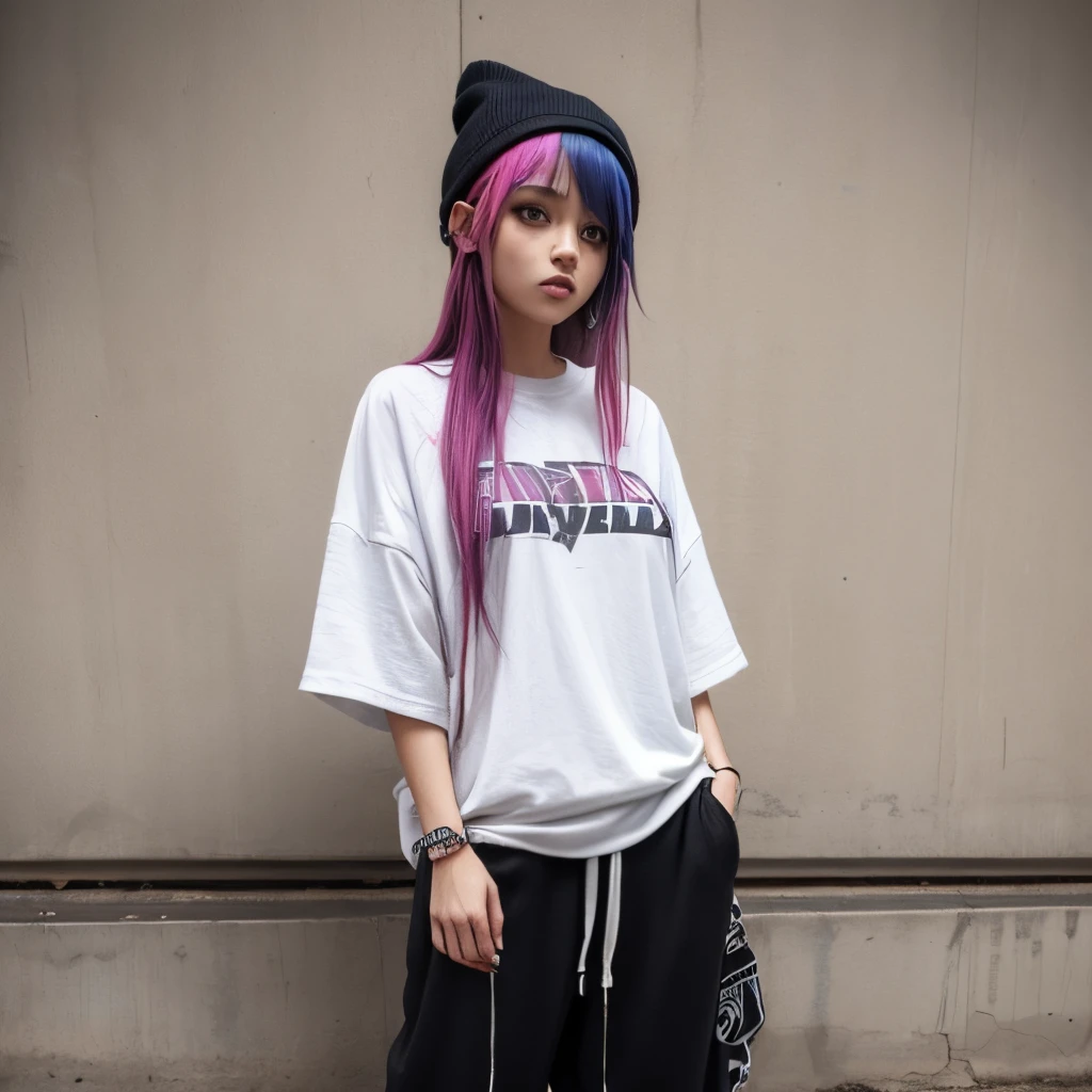 1girl, abandoned street (graffiti), baggy sweatpants, oversized shirt, punk style, big breasts, dyed hair
