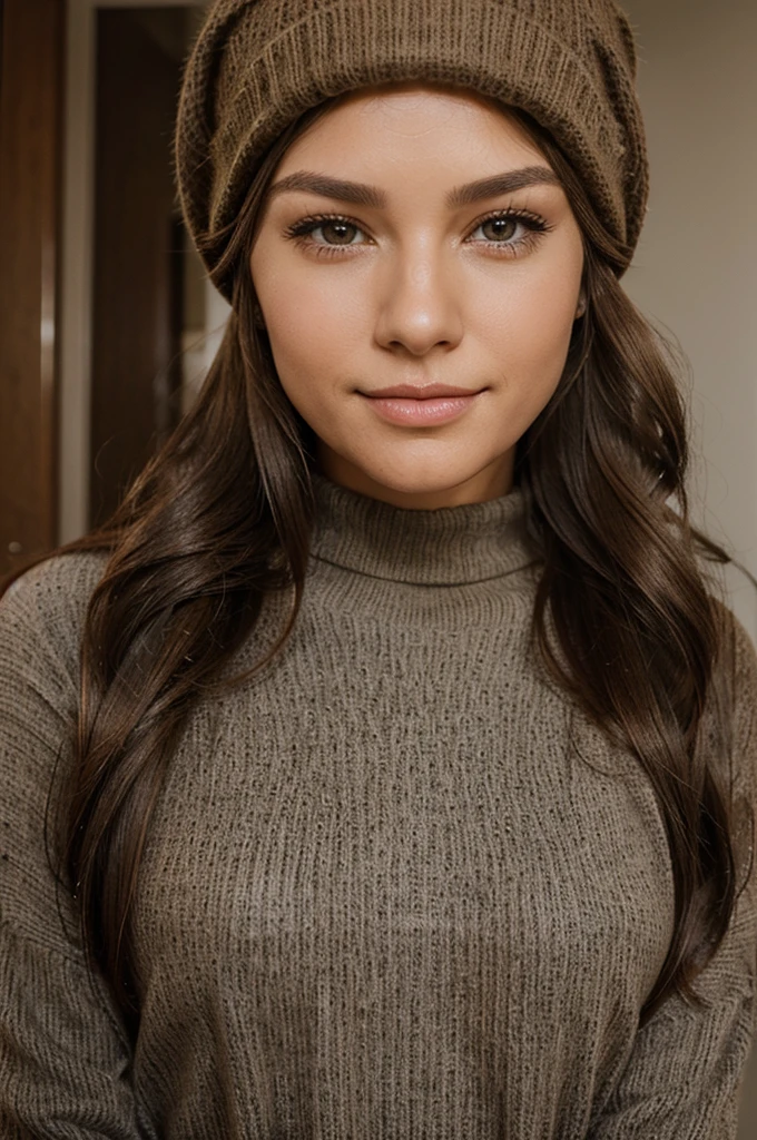 High quality. Clothing: wool cap, brown Uggs, black leggings.
Appearance: pretty woman, natural makeup, long eyelashes, closed mouth smirk.
Hair: long hair, shiny smooth brown hair, asymmetrical side-swoop bangs.
