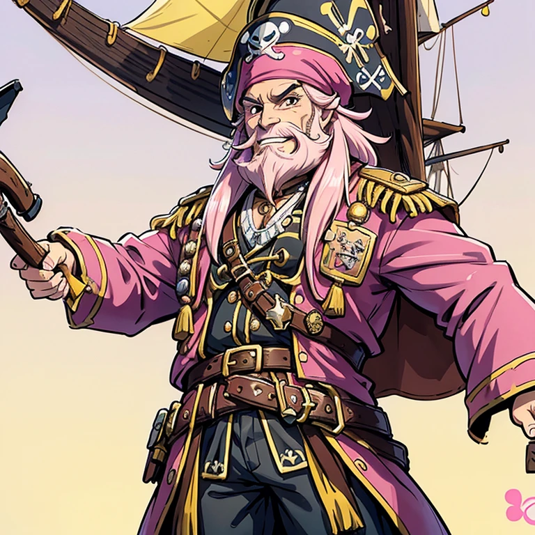Pirate, long Pink beard, sinicle smile, slightly tanned, age 50, yellow teeth, peg leg, captains hat, holding a flintlock, slightly ugly, slightly chubby, fully clothed, pirate jacket fully on, long pink beard