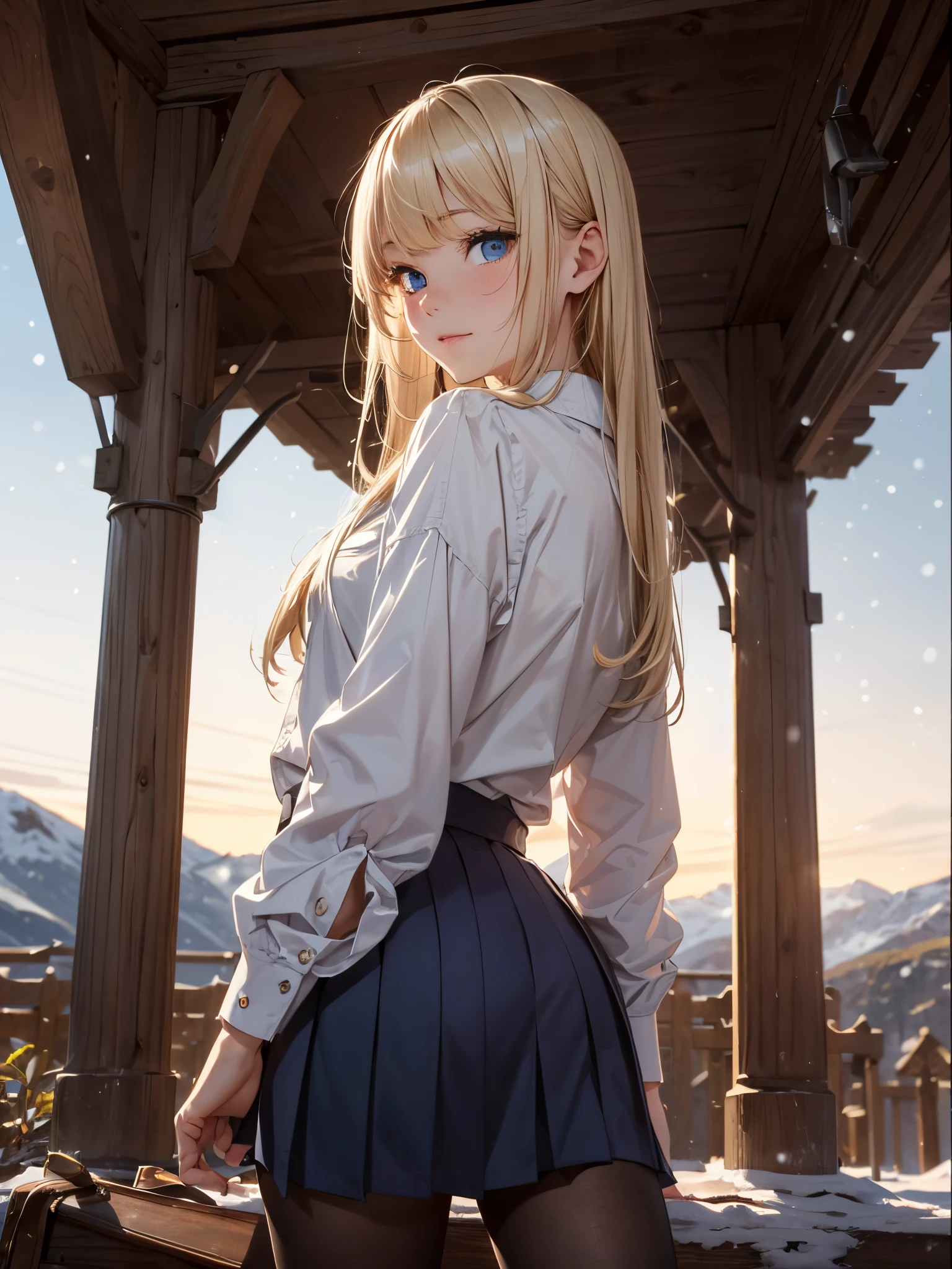 absurderes, ultra-detailliert,bright colour,(in 8K:1.3),masuter piece,extremely beautiful detailed face and eyes, 25 years old,(Smooth straight blonde hair:1.3), (Shiny hair:1.2),(Aligned bangs:1.4) Delicate beautiful face, red blush、(Deep Blue Eyes:1.3),(Looking down from the foot of the snowy mountain:1.4), (From the back:1.3),(Looking at Viewer:1.4),School uniform, Happy,(medium shot:1.4)