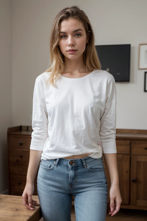 face like Emma Stone, medium breast, casual outfit, home