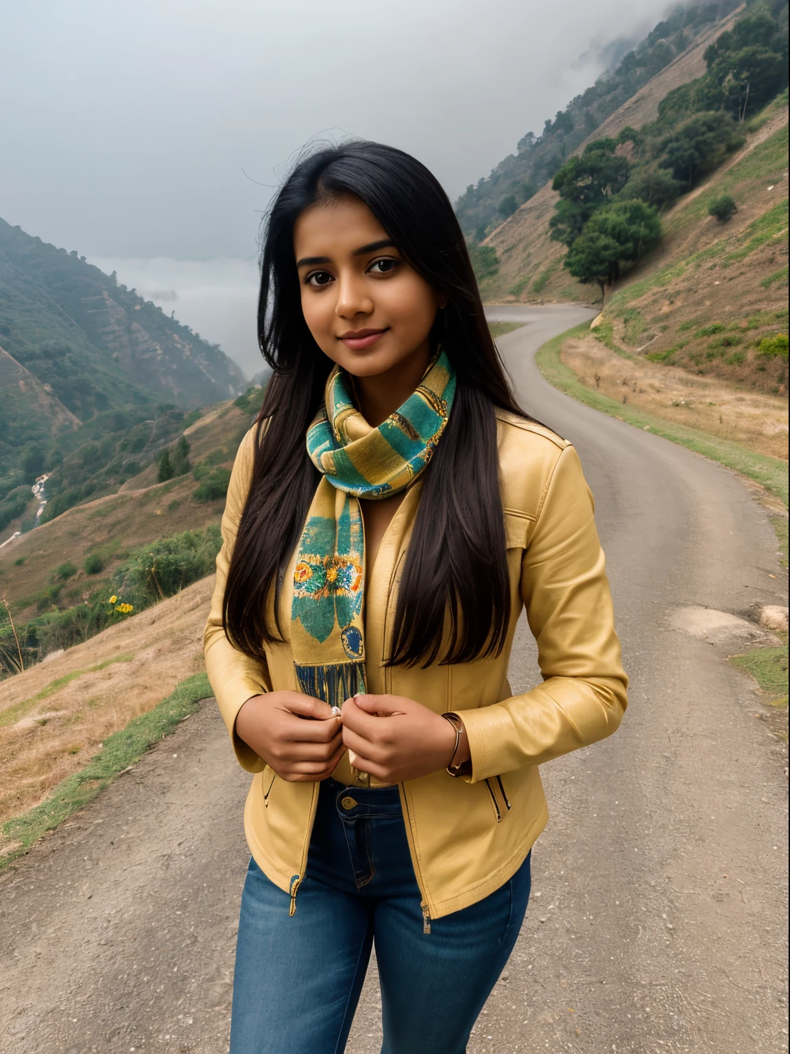 high quality, masterpiece, ultra high-res, photo realistic, ultra detailed, majestic, digital photography, 64K, HD, portrait of 25 years old Tamil girl, hill station in a winter season, (wearing:1.6 light yellow embroidered shirt front knotted, dark blue jeans, scarf, knee height boots, open zip black leather jacket), wrist watch, wrist band, round deep navel, long black hair, expressive eyes exuding excitement of thrill happiness, eyes symmetry, face symmetry, (background:1.6 sun trees green grass flowers hills slope road slope path fog cloud), extremely detailed beautiful face, facing the camera, look at viewers, (full body shot from bottom)