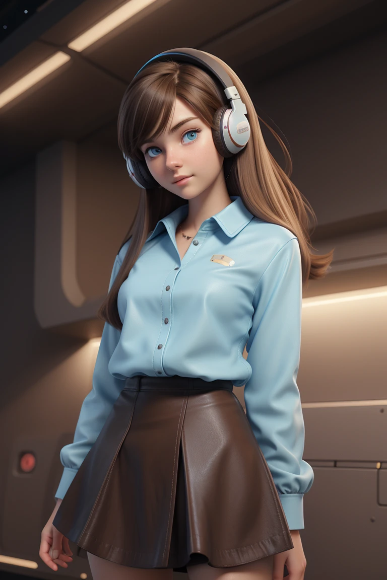 realistic anime style digital art of an 18 year old girl, bright light blue eyes, light brown hair, black skirt, bare legs, black polo shirt, brown leather jacket, looking up, 120 degree angle, using gamer headset, space scenery, floating in space, various other details, 16k ultra HD vivid colors masterpiece ultra cinematic resolution