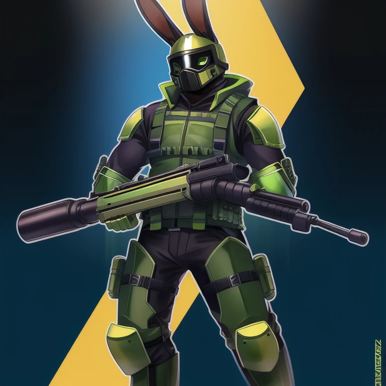 solo, male, rabbit, yellow colored fur, lean body, anthropomorphic rabbit, Russian masks helmet, minigun, green Kevlar vest, green armor pads