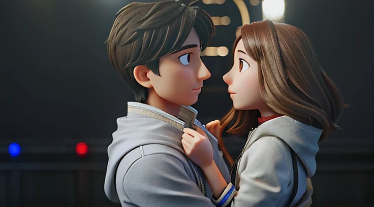 A girl with long brown hair, She holds the collar of a man's jacket with her hands and brings him closer to her