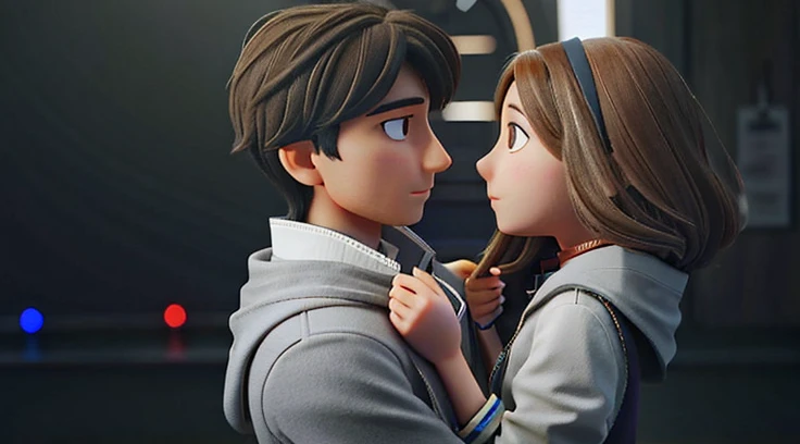 A girl with long brown hair, She holds the collar of a man's jacket with her hands and brings him closer to her