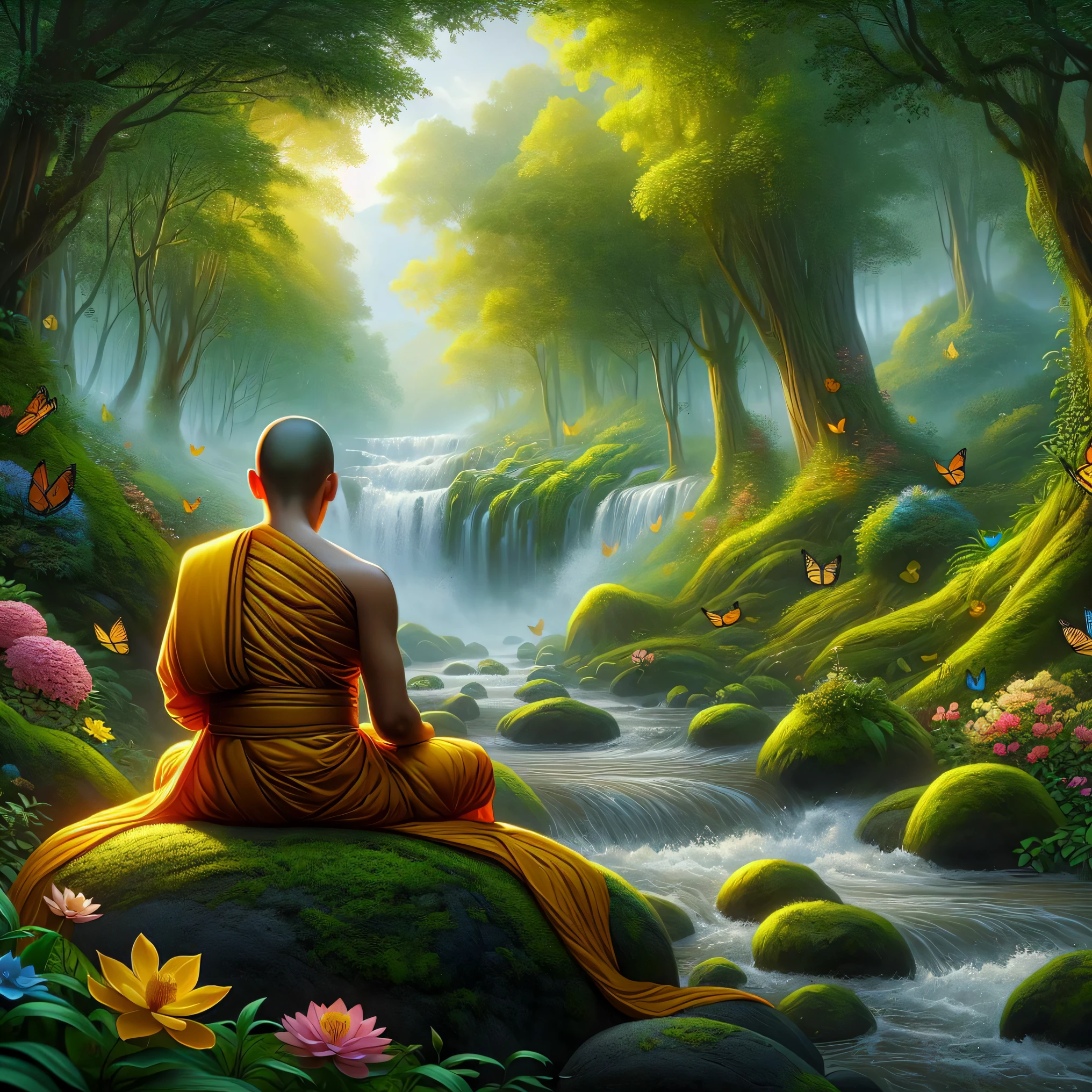 a person sitting on a rock in a forest with a waterfall, monk meditate, buddhism, on path to enlightenment, buddhist, buddhist monk meditating, on the path to enlightenment, zen natural background, zen meditation, meditation, spiritual enlightenment, stoic and calm, amidst nature, serene expression, enlightenment, meditating, the buddha, buddhist monk, mystical purity, monk