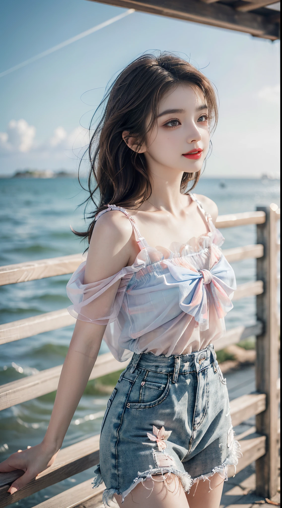 Sweet girl clothes7,skirt, fashi-girl. red lips, mature female, makeup, ((Random shooting angles)), (best quality, masterpiece:1.2), ultra-detailed, (realistic:1.37), beautiful, youthful, glamorous model with (detailed eyes, detailed lips, extremely detailed eyes), with white and floral colors, showcasing a radiant smile, slender figure, long legs, creating a breathtaking depiction of a girl enjoying the sunshine, Outdoor sports, the beach, on the pier, Warm tones, extremely high color saturation, official art, extremely detailed CG unified 8k wallpaper,(High dynamic range :1.4), (cinematic),(soft colors, dull colors, soothing tones :1.3), (natural skin texture, ultra-realistic, soft light, sharp),(very detailed), Evening, autumn, autumn maple leaves, professional lighting, leaning against the guardrail, looking into the distance