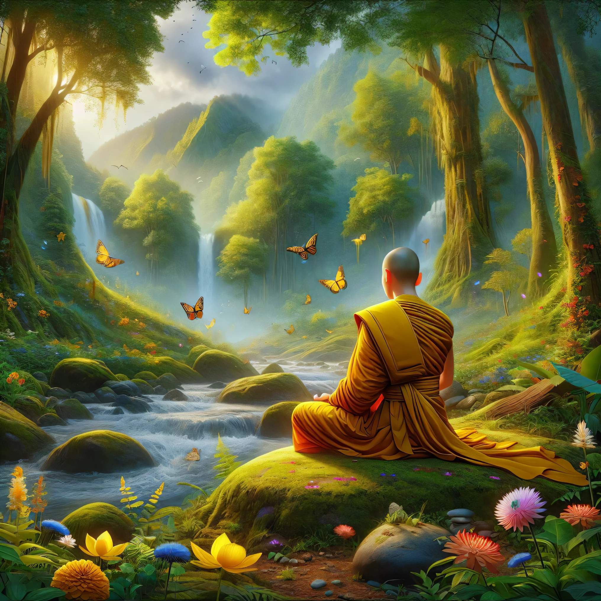 A person sitting on a rock in a forest with butterflies flying around ...