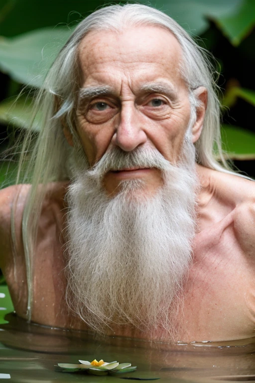 Merlin, An elder with a long beard and white hair, with a serene face wrinkles, looking producing, body older weak, skinny bones hairy, body naked, his shirt was open to reveal his stomach wrinkles older hairy weak and chest, arms legs neck hands feet skinny old and weak, shy and blushed, crown, Lying in the bath royal,water lily,Closed eyes,master-piece,4K images,beste-Qualit