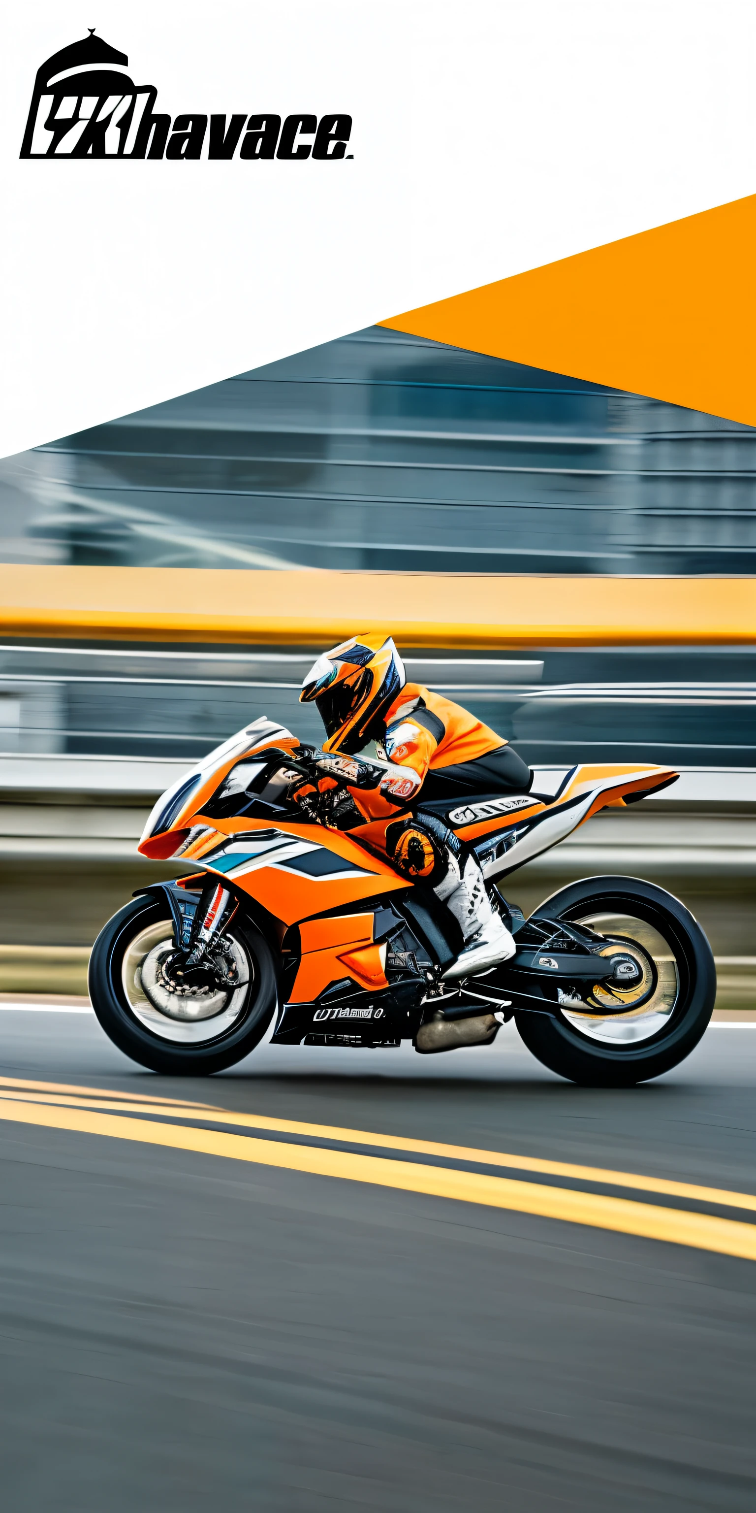 There  a man riding an orange motorcycle on the road, Speeding on a motorcycle, velocity, high-speed action, inspiring, rapidly, HUGE DUKE790 KTM790 MOTORCYCLE, Fast-paced, Riding, screen shot, poster shot, Speed blur, screen shot, High-speed motion, hurry up, riding a futuristic motorcycle, high speed, superspeed, [ Realistic photos ]!!