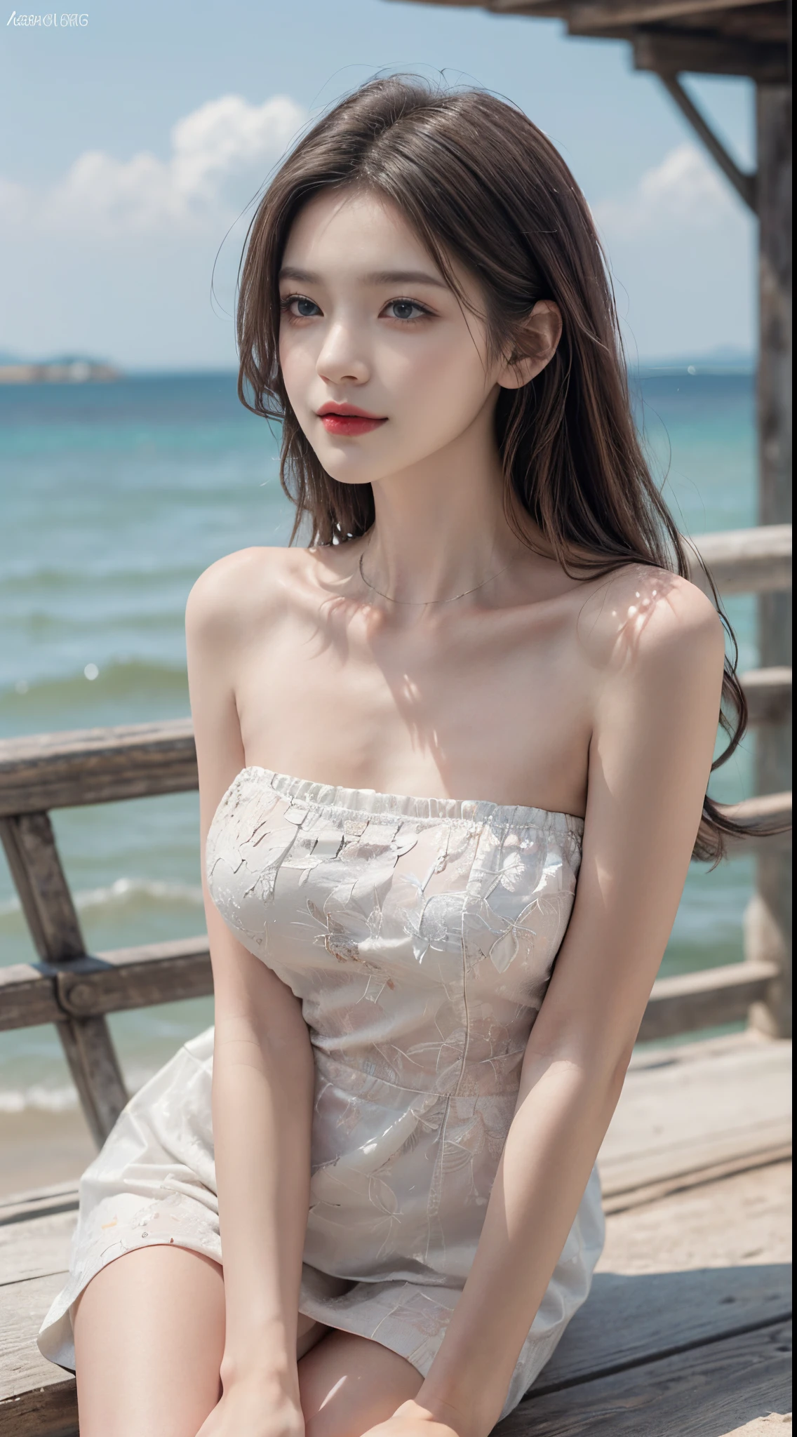 Sweet girl clothes4,strapless dress,jewelry, fashi-girl. red lips, mature female, makeup, ((Random shooting angles)), (best quality, masterpiece:1.2), ultra-detailed, (realistic:1.37), beautiful, youthful, glamorous model with (detailed eyes, detailed lips, extremely detailed eyes), with white and floral colors, showcasing a radiant smile, slender figure, long legs, creating a breathtaking depiction of a girl enjoying the sunshine, Outdoor sports, the beach, on the pier, Warm tones, extremely high color saturation, official art, extremely detailed CG unified 8k wallpaper,(High dynamic range :1.4), (cinematic),(soft colors, dull colors, soothing tones :1.3), (natural skin texture, ultra-realistic, soft light, sharp),(very detailed), Evening, autumn, autumn maple leaves, professional lighting, leaning against the guardrail, looking into the distance