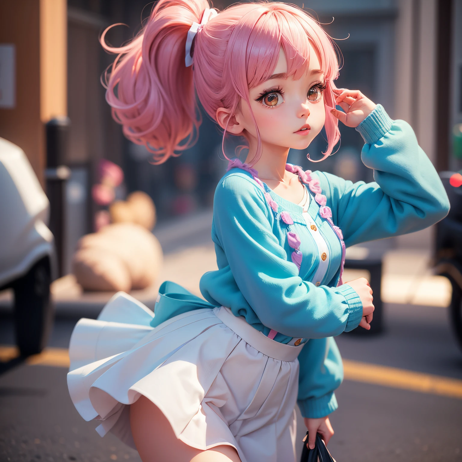 cute 3d render, cute detailed digital art, women mini cute girl, Cute Digital Painting, 3D rendering stylized, Cute digital art, cute render 3d anime boy, Magical Mako-chan looks up, Cute! C4D, portrait anime girl,She is wearing a long-sleeved blue blouse with four buttons and a white jumper skirt.., Wrap a red ribbon around your ponytail,