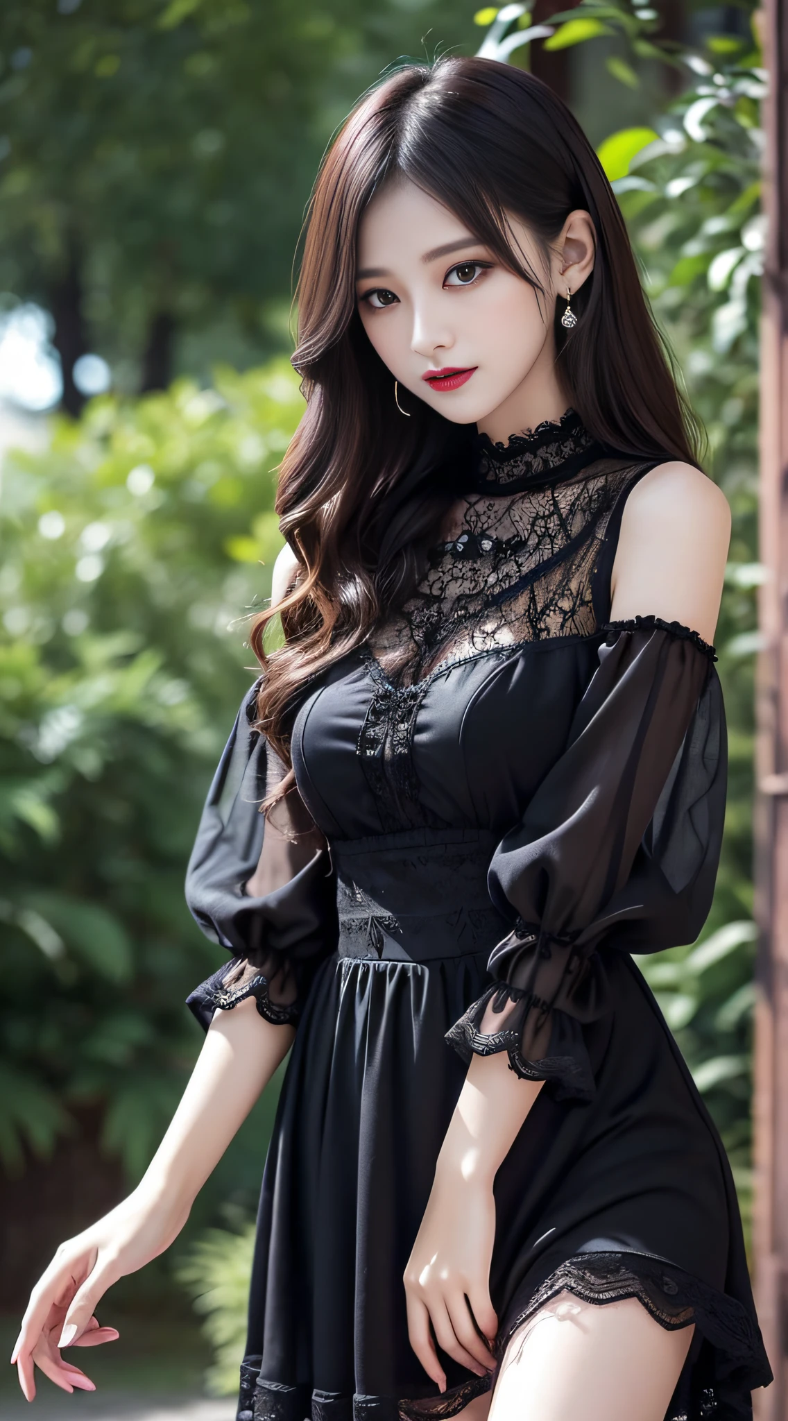 Ultra-detailed、Fascinating beauty、Dainty woman、Cool Girl、Wavy Hair、Black chiffon dress、Wide sleeves、flered skirt、Evil Female Executive、Evil Fall、brainwash、lacy fabric、Glossy legs、black lipstick、Evil look、Suspicious look、Hollow eyes、wicked、Reaching out、Extend your right elbow and open your hand
