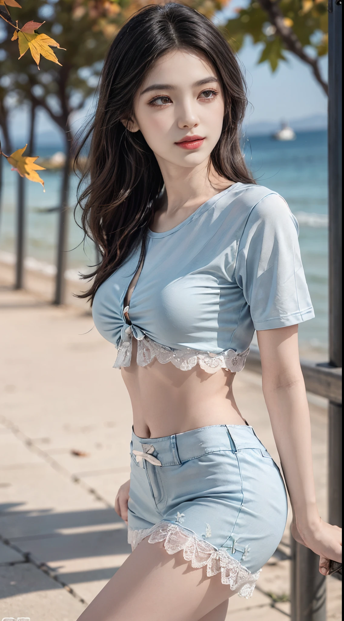 Special clothes44,lace trim,midriff,shirt,miniskirt, fashi-girl. red lips, mature female, makeup, ((Random shooting angles)), (best quality, masterpiece:1.2), ultra-detailed, (realistic:1.37), beautiful, youthful, glamorous model with (detailed eyes, detailed lips, extremely detailed eyes), with white and floral colors, showcasing a radiant smile, slender figure, long legs, creating a breathtaking depiction of a girl enjoying the sunshine, Outdoor sports, the beach, on the pier, Warm tones, extremely high color saturation, official art, extremely detailed CG unified 8k wallpaper,(High dynamic range :1.4), (cinematic),(soft colors, dull colors, soothing tones :1.3), (natural skin texture, ultra-realistic, soft light, sharp),(very detailed), Evening, autumn, autumn maple leaves, professional lighting, leaning against the guardrail, looking into the distance