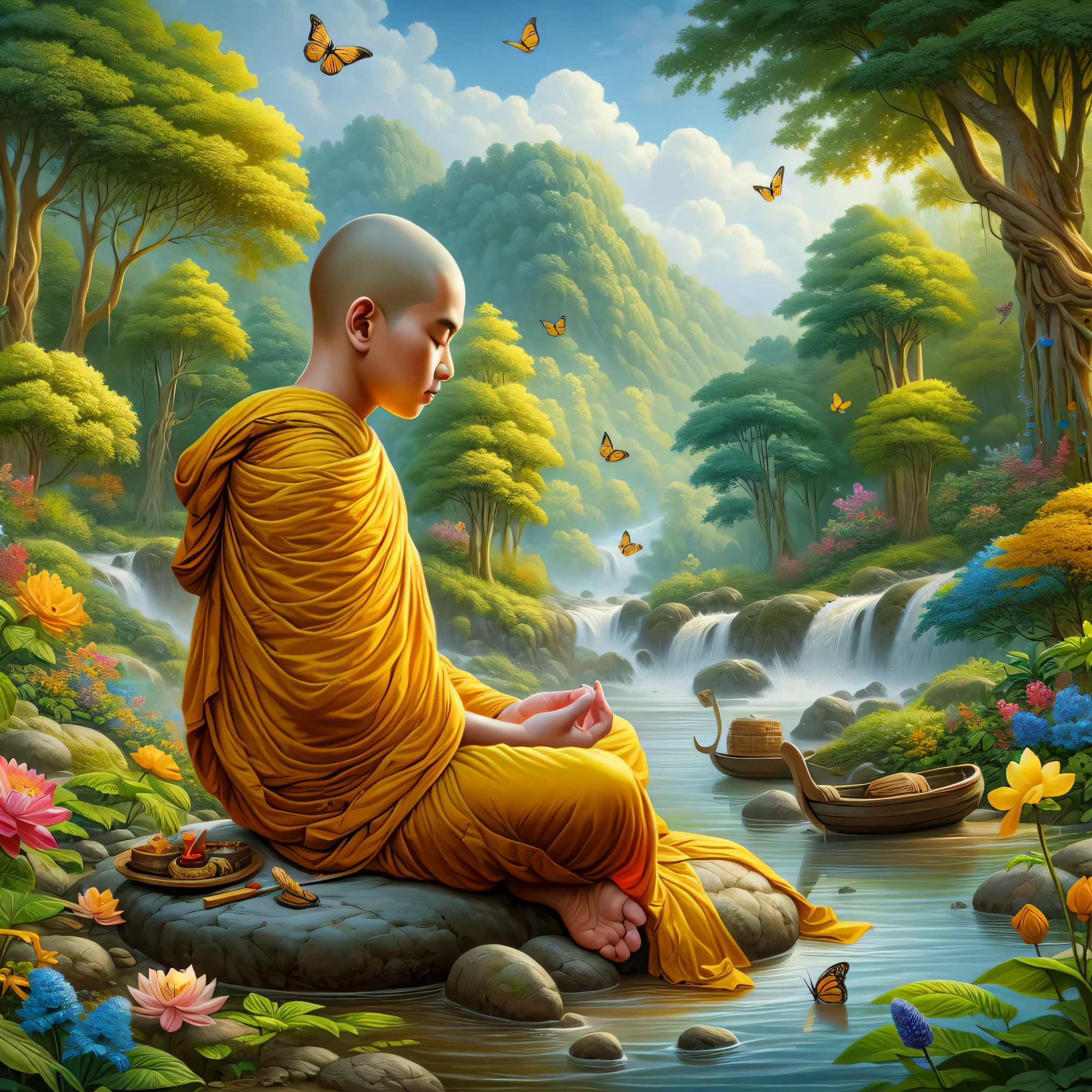 a painting of a monk sitting on a rock in a forest, buddhist monk meditating, monk meditate, buddhist monk, buddhism, buddhist, the buddha, on path to enlightenment, by Kerembeyit, on the path to enlightenment, buddha, monk, by Howard Lyon, meditation, hindu stages of meditation, thailand art, portrait of monk, by Wayne England