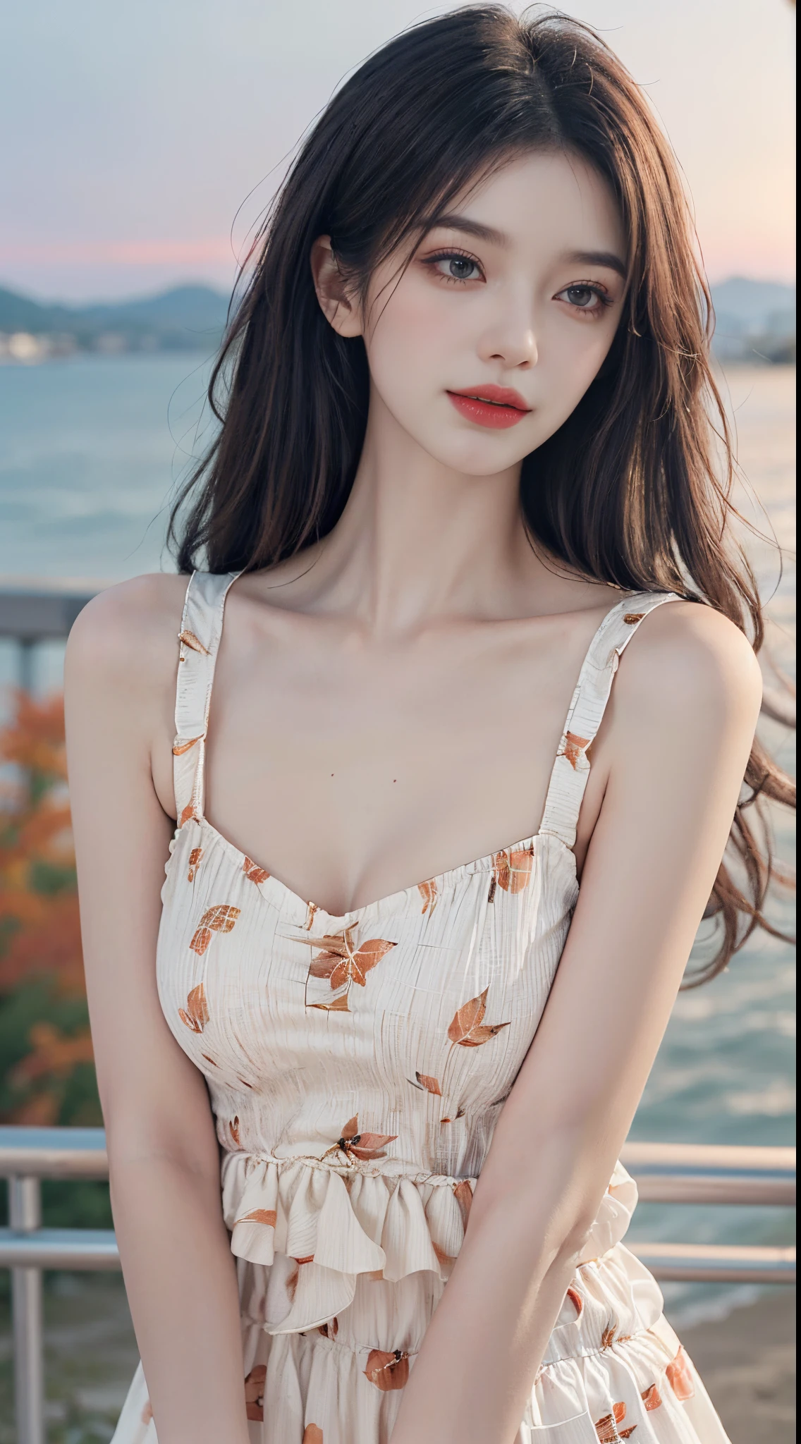 Sweet girl clothes6,print dress, fashi-girl. red lips, mature female, makeup, ((Random shooting angles)), (best quality, masterpiece:1.2), ultra-detailed, (realistic:1.37), beautiful, youthful, glamorous model with (detailed eyes, detailed lips, extremely detailed eyes), with white and floral colors, showcasing a radiant smile, slender figure, long legs, creating a breathtaking depiction of a girl enjoying the sunshine, Outdoor sports, the beach, on the pier, Warm tones, extremely high color saturation, official art, extremely detailed CG unified 8k wallpaper,(High dynamic range :1.4), (cinematic),(soft colors, dull colors, soothing tones :1.3), (natural skin texture, ultra-realistic, soft light, sharp),(very detailed), Evening, autumn, autumn maple leaves, professional lighting, leaning against the guardrail, looking into the distance