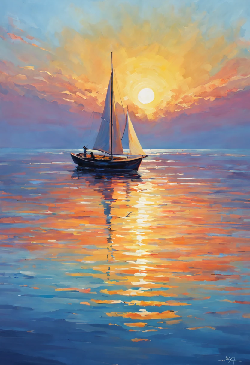 (minimalism:1.4), oil painting, A boat glides on the water at sunset, the sun shines on the water, impressionism, (best quality, masterpiece, Representative work, official art, Professional, unity 8k wallpaper:1.3)