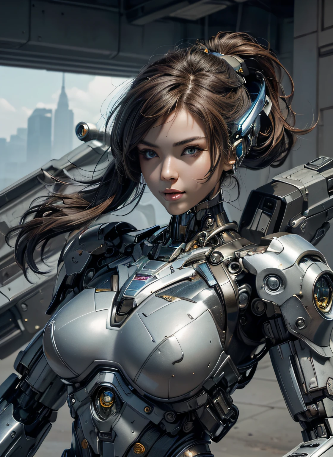 Textured skin, Super Detail, high details, High quality, Best Quality, hight resolution, 1080p, hard disk, Beautiful,(cyborg beautiful cyborg woman,Mecha Cyborg Girl,Battle Mode,Girl with a Mecha Body,She wears a battle cyborg mech with a weapon