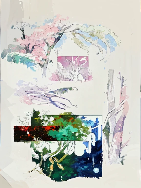 hand painted style、Abstract style，This  a photo of a big forest，Various trees and vines cover the entire scene，the various parts of the painting are connected together by trees and vines。