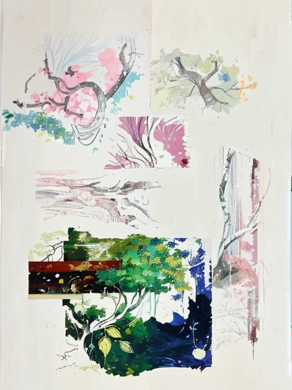 hand painted style、Abstract style，This  a photo of a big forest，Various trees and vines cover the entire scene，the various parts of the painting are connected together by trees and vines。