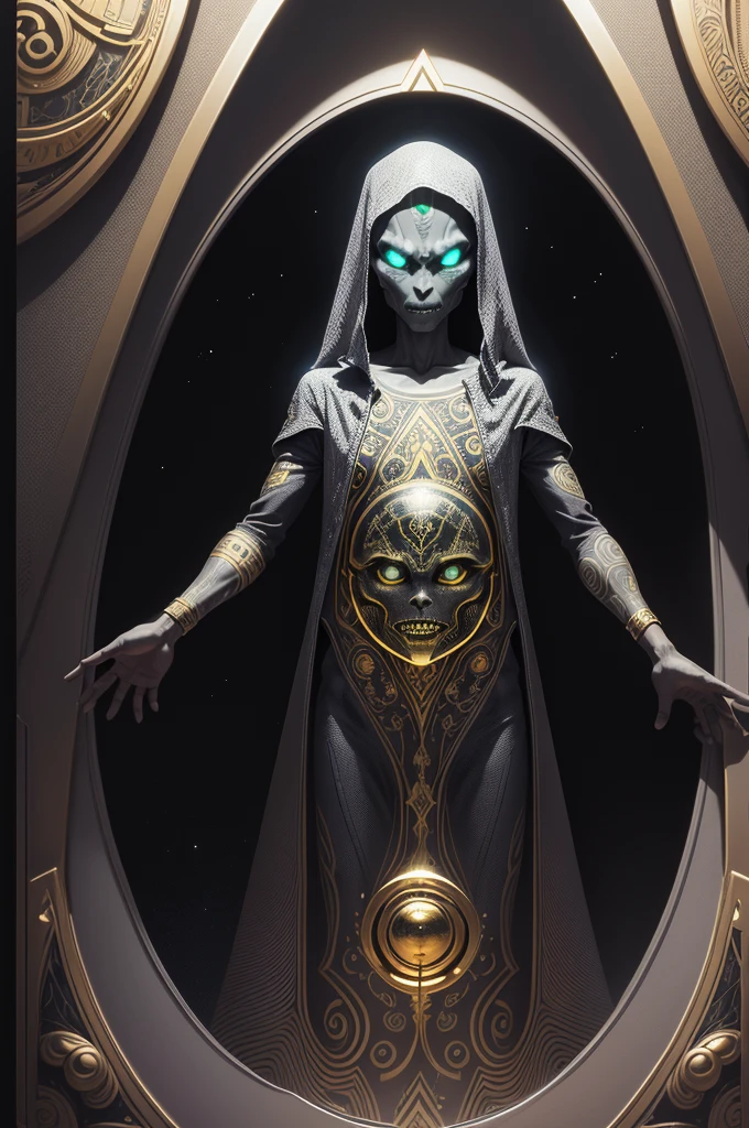 there a alien holding a sign with a gold border, grey alien, extraterrestrial, alien design, galactic dmt entity, high detailed official artwork, reptilian space alien, enlightenment tripping on dmt, inspired by Ravi Zupa, enlightened, official illustration, black light velvet poster, gray alien, grey aliens, added detail, official artwork