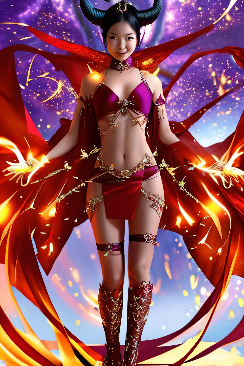 Lady demon sorcerer, Asian about 40, her features are exquisitely beautiful. She has red glowing eyes, she has two little red glowing horns on her forehead, she has her mouth open laughing and it full of sharp teeth, She has medium breast that are very flat to her chest and sag almost to her navel. She has a slightly pudgy build and a big ass. She wearing a very magic dress made of silk scarfs, mainly red and purple, an unnatural wind moves the dress removing much of her body. She tossing magic parchments at the viewer with exploding kanji on them. Show her head to toe, full body shot