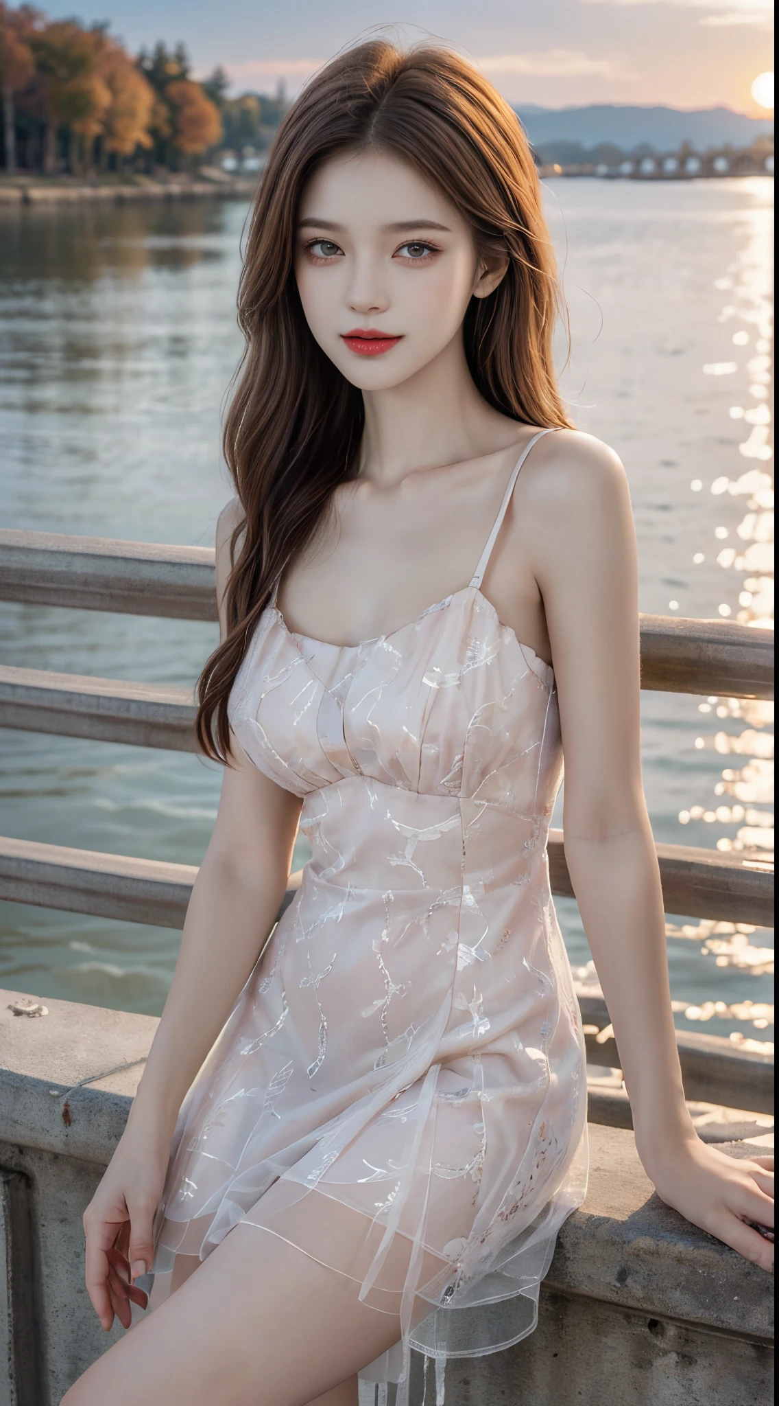 Sweet girl dress2,dress,  fashi-girl. red lips, mature female, makeup, ((Random shooting angles)), (best quality, masterpiece:1.2), ultra-detailed, (realistic:1.37), beautiful, youthful, glamorous model with (detailed eyes, detailed lips, extremely detailed eyes), with white and floral colors, showcasing a radiant smile, slender figure, long legs, creating a breathtaking depiction of a girl enjoying the sunshine, Outdoor sports, the beach, on the pier, Warm tones, extremely high color saturation, official art, extremely detailed CG unified 8k wallpaper,(High dynamic range :1.4), (cinematic),(soft colors, dull colors, soothing tones :1.3), (natural skin texture, ultra-realistic, soft light, sharp),(very detailed), Evening, autumn, autumn maple leaves, professional lighting, leaning against the guardrail, looking into the distance
