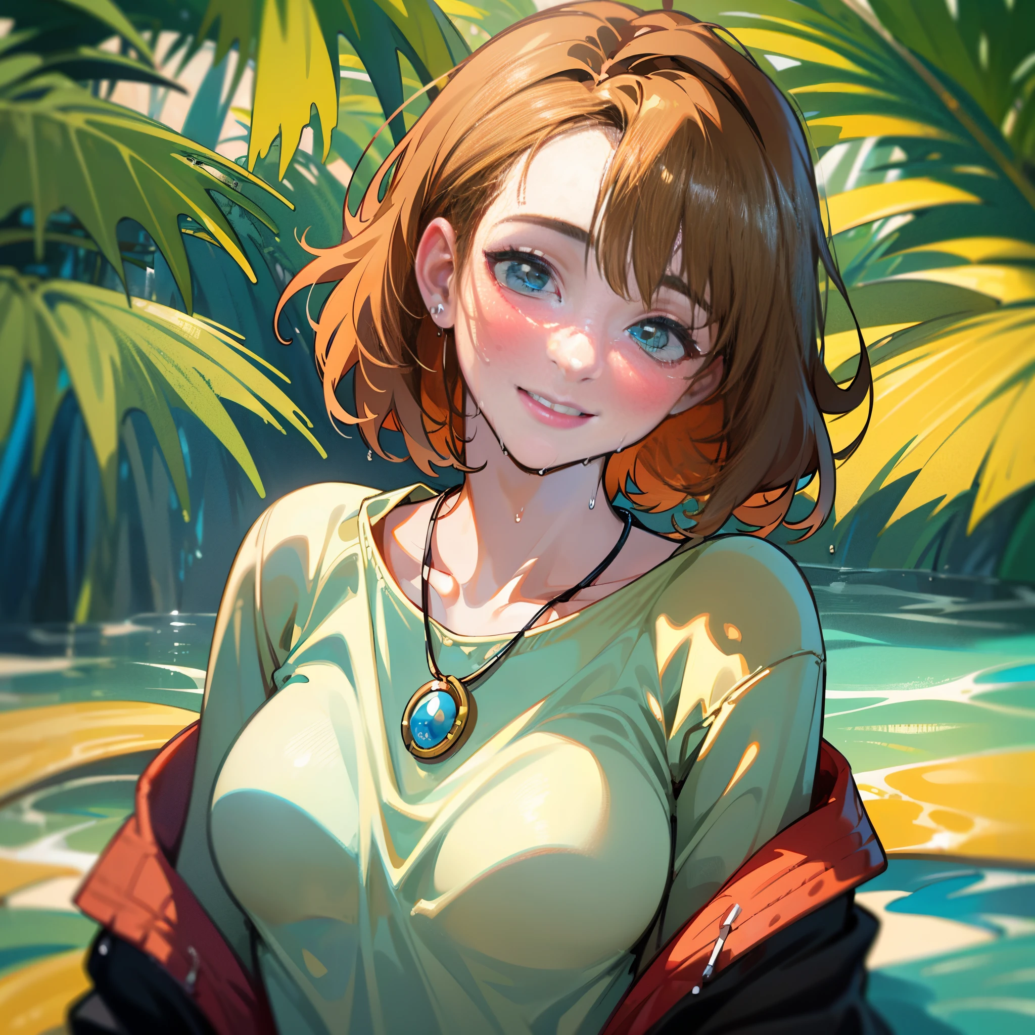 (Best quality, 8k, 32k, Masterpiece, UHD:1.2),Photo of Pretty woman, very short bob hair,upper body,face focus,oversized_shirt, necklace,  background, looking at viewer, dyed red hair, tropical beach, smile, jacket, tunic, wet clothes, wet, soaked, christina hendricks