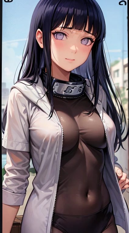 master part, High definition, alta qualidade, Rosto detalhado, Detailed body rendering, 1girl, sozinho, Hinata roupas sem mangas,quarto,, camisa sem mangas,( clothing with fishing net), jaqueta descompactadora, Standing, corar, (no quarto)