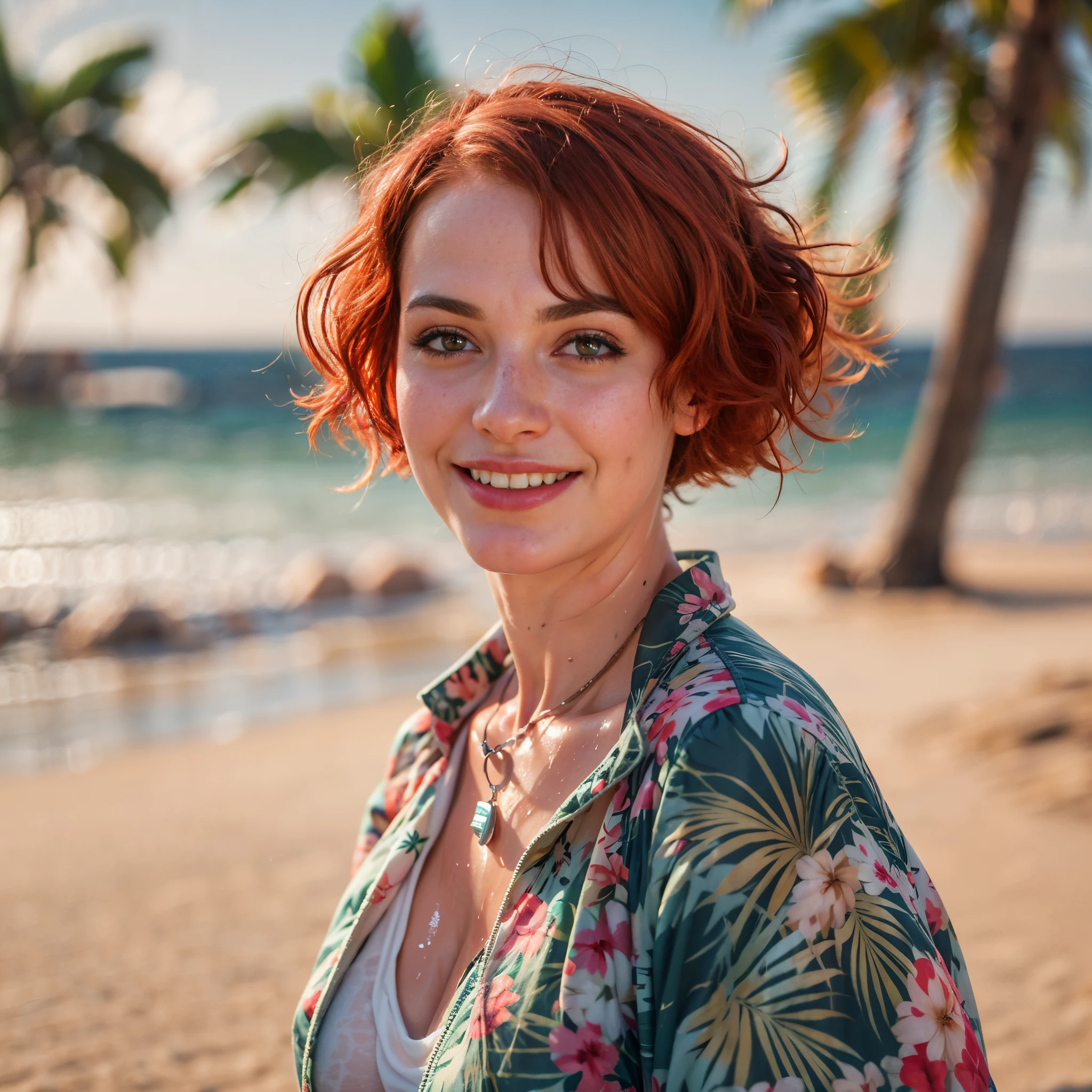 (Best quality, 8k, 32k, Masterpiece, UHD:1.2),Photo of Pretty woman, very short bob hair,upper body,face focus,oversized_shirt, necklace,  background, looking at viewer, dyed red hair, tropical beach, smile, jacket, tunic, wet clothes, wet, soaked, christina hendricks