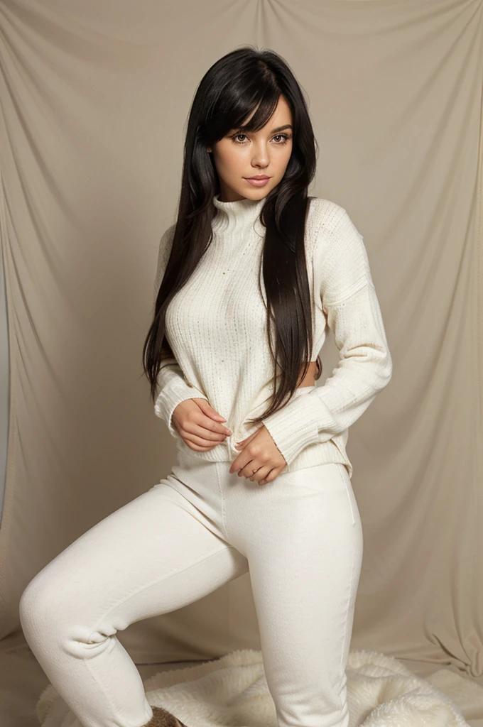 High quality. Full body. Studio backdrop. pretty woman, natural makeup, long eyelashes, closed mouth smirk. Hair: long hair, shiny smooth black hair, asymmetrical side-swoop bangs. Clothing: White Wool Irish Fisherman's Sweater, brown Uggs, black leggings. Appearance: