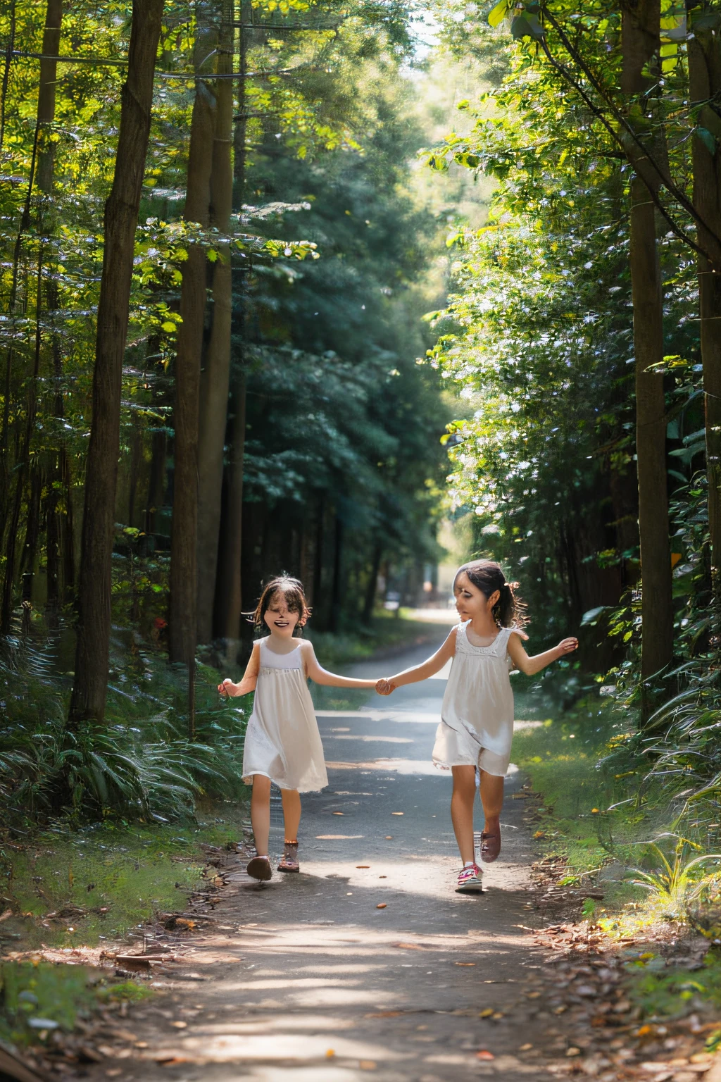 Generate a high-quality image with rich details and cinematic style depicting two children playing happily in a sunny garden. Highlight children's happiness and spontaneity, capturing the soft rays of sunlight filtering through the tree leaves and creating subtle shadows on the green lawn. Make sure that the details of facial expressions, clothing and environmental elements are clear and realistic. O estilo deve evocar a atmosfera de uma cena de filme, with vibrant colors and a touch of magic that highlights the joy of childhood. Enjoy the beauty of nature in the setting, destacando flores coloridas, butterflies and other elements that contribute to the feeling of a charming moment in the garden.