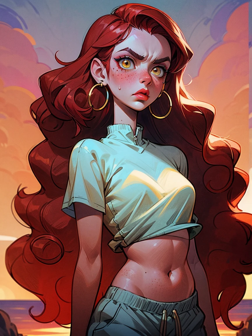 The girl fat, curly long hair, redhead hair, freckles on her face, pouty lips, Yellow eyes, Bright make-up, white top, open belly, Sundown, serious face, Hoop earrings, white sweatpants, Very long hair, red-lips