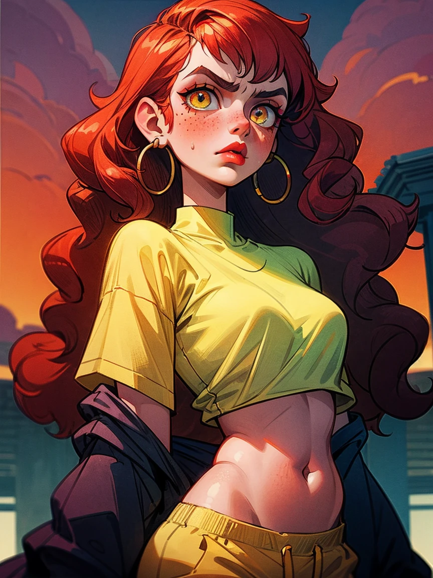 The girl fat, curly long hair, redhead hair, freckles on her face, pouty lips, Yellow eyes, Bright make-up, white top, open belly, Sundown, serious face, Hoop earrings, white sweatpants, Very long hair, red-lips