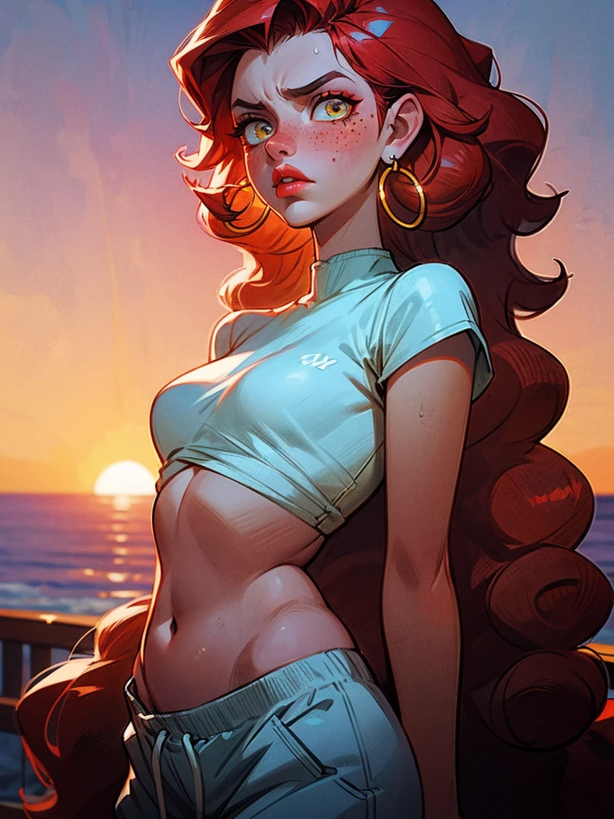 The girl  fat, curly long hair, redhead hair, freckles on her face, pouty lips, Yellow eyes, Bright make-up,  white top, open belly, Sundown,  serious face, Hoop earrings, white sweatpants, Very long hair, red-lips