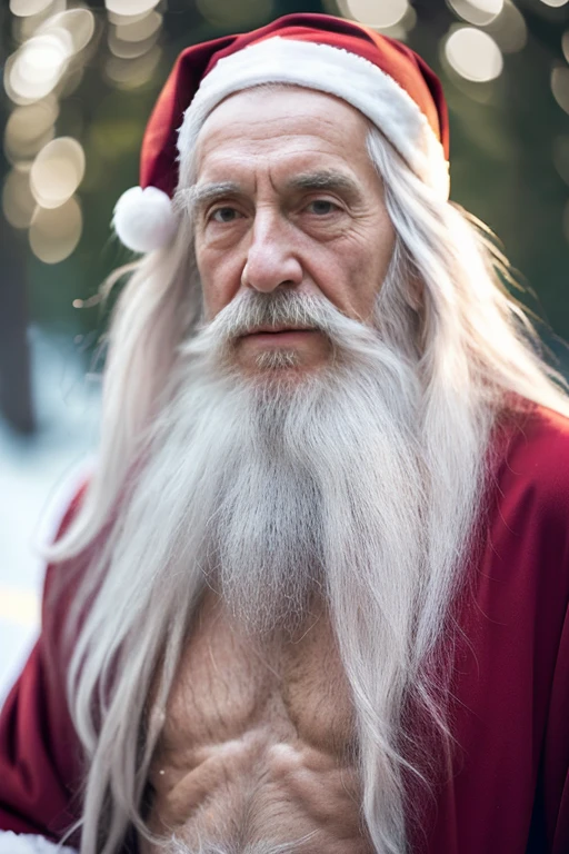 An elder with a long beard and white hair, with a serene face wrinkles, looking producing, body older weak, skinny bones hairy, body naked, his shirt was open to reveal his stomach wrinkles older hairy weak and chest, arms legs neck hands feet skinny old and weak, Santa Claus hat, gloves and open coat,shy and blushed, Lying in the snow,snow lily,Closed eyes,master-piece,4K images,beste-Qualit