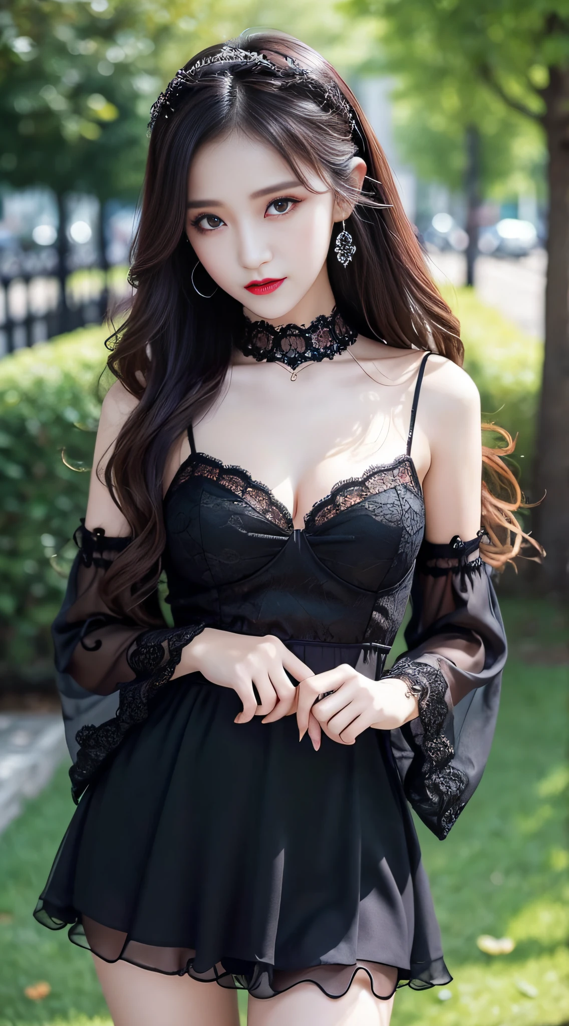 Ultra-detailed、Fascinating beauty、Dainty woman、Cool Girl、Wavy Hair、Black chiffon dress、Wide sleeves、flered skirt、Evil Female Executive、Evil Fall、brainwash、lacy fabric、Glossy legs、black lipstick、Evil look、Suspicious look、Hollow eyes、wicked、Reaching out、Extend your right hand forward