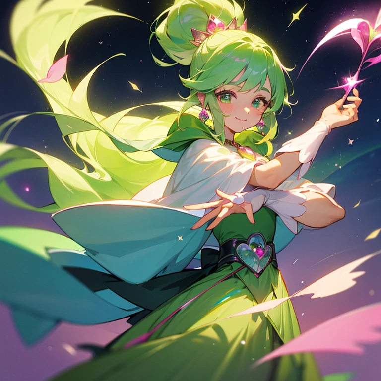 17 age,a beauty girl,Precure,Green and white costume,magical little girl,Green eyes,sparkly eyes,animesque,Blue-green hair color,Long ponytail,Golden crown,Gentle,Cool,stele,Leaf motifs,fronds,a plant,Fluffy long skirt,Strongest,bro,Decided Pose,The human,huge smile,Green cloak,Aurora,rainbows,独奏,high-level image quality,hightquality,Pink ribbon,Pink Gemstones,heart mark,white glove,cute little,wind motif,Maru sleeve,Pedras preciosas,pure,pluma,Emeraude,peridot,Pink Tourmaline,Rose Quartz,opal,Iridescent Gemstones,a moon,night sky full of stars,magical forest,presence,Wand with magical green and pink gems,Facing forward