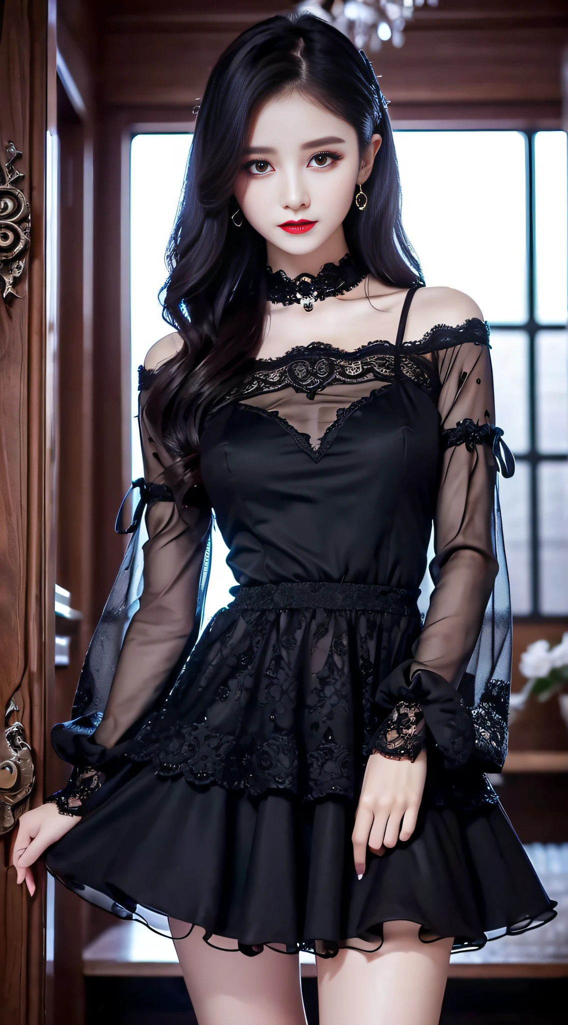Ultra-detailed、Fascinating beauty、Dainty woman、Cool Girl、Wavy Hair、Black chiffon dress、Wide sleeves、flered skirt、Evil Female Executive、Evil Fall、brainwash、lacy fabric、Glossy legs、black lipstick、Evil look、Suspicious look、Hollow eyes、wicked、Reaching out、Extend your right hand forward
