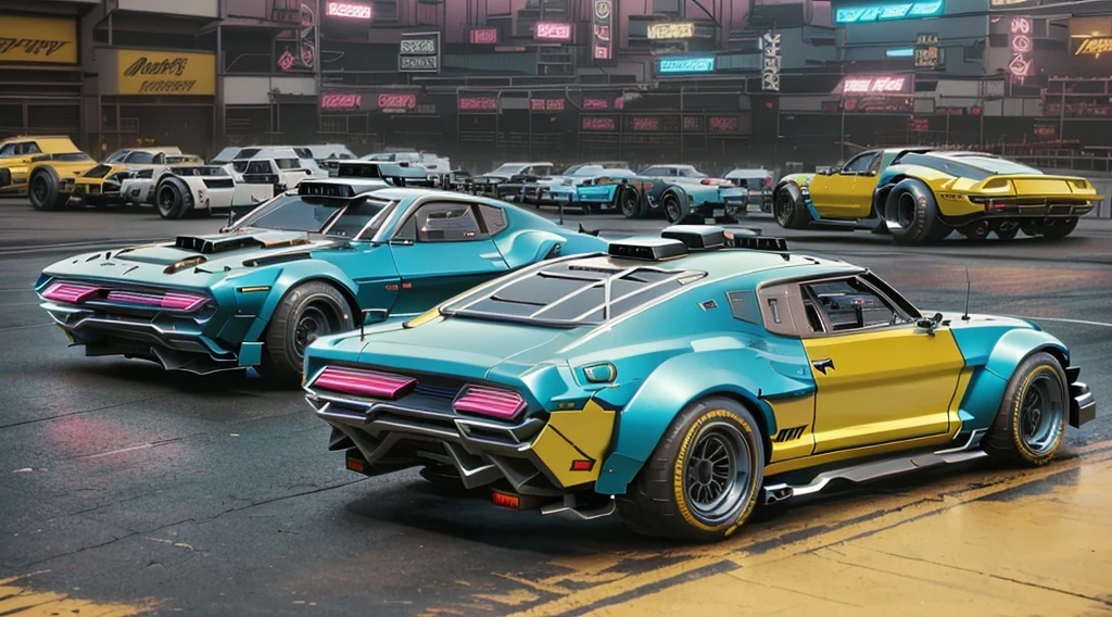 Neo-cyberpunk (((retro zeekars))) (with glowing yellow rims), dystopian vibes, wide body kit, ((drag racer)) wide racing tireord mustang shelby gt500) at an underground parking lot, night time, ground reflection, cinematic, rear boot spoiler, very low suspension : : race spec, front bumper splitter, sci-fi vehicle, automotive concept art by Aaron beck and Khyzyl Saleem, subsurface scattering, cgisociety, menacing look, inspired by Forza horizon, Gran turismo, AAA racing game, a vulgar display of power, truly spectacular and race ready,