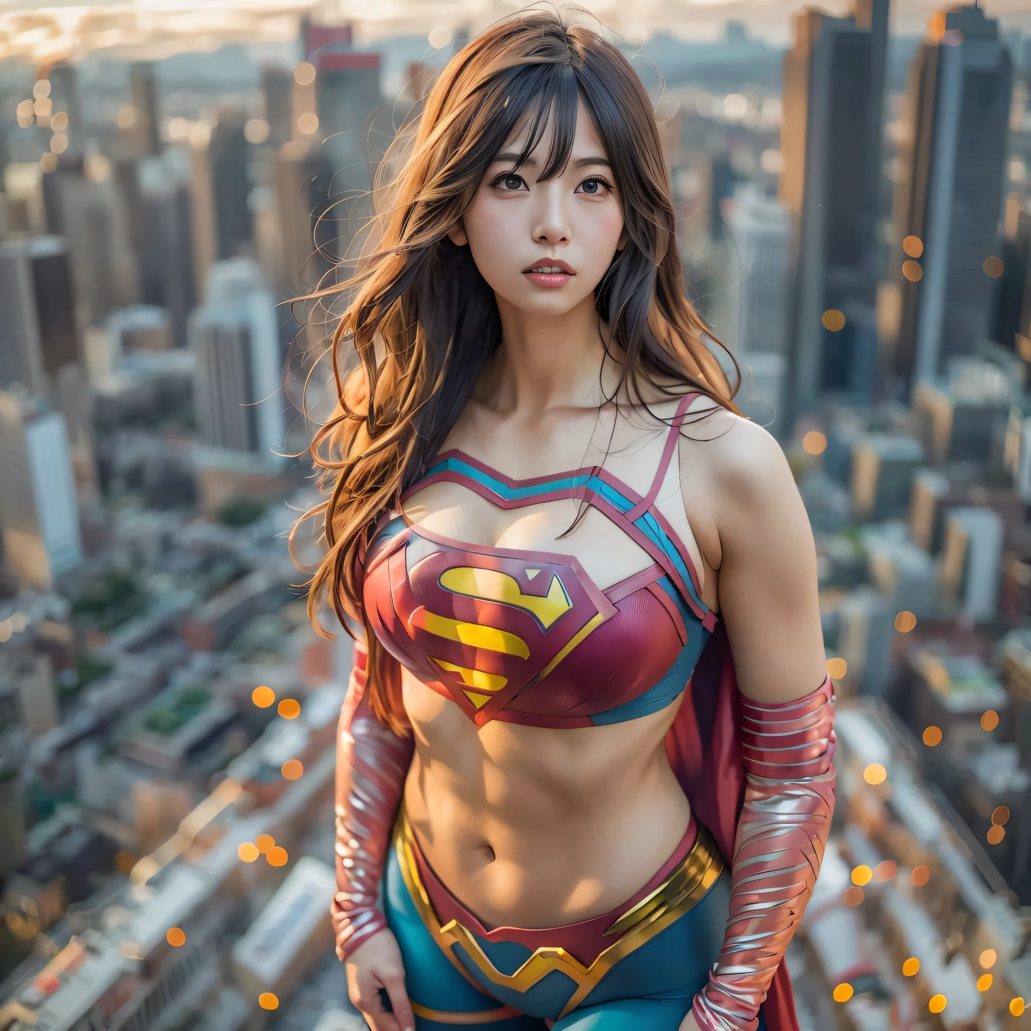 a close up of a asia woman in a superman costume standing on a cityscape, amouranth as a super villain, super photo realistic, realistic , super photo-realistic, ultra mega super hyper realistic, super-hero girl, super realistic photo, superhero body, highly detailed giantess shot, supergirl, superhero, superhero portrait, super model, super hero, super photorealistic, gigantic breasts, showing Vulvas muscular body, ,