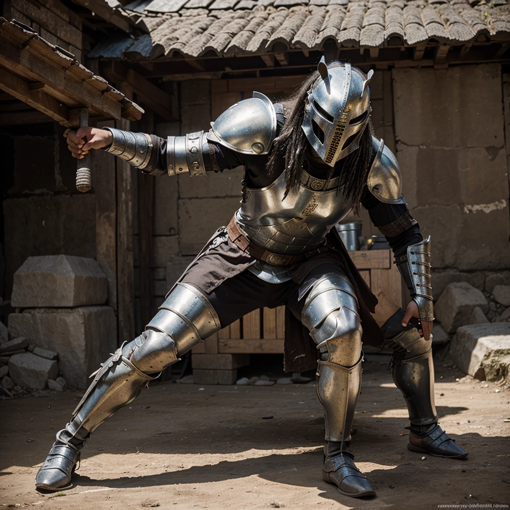 Predator is a knight,the medieval,Wear ancient armor,fighting pose,predator