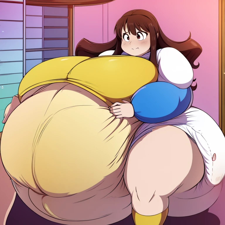 Anime woman Enormous bloated expanding diaper mess, huge bloated pregnant belly, huge overflowing breast, pov