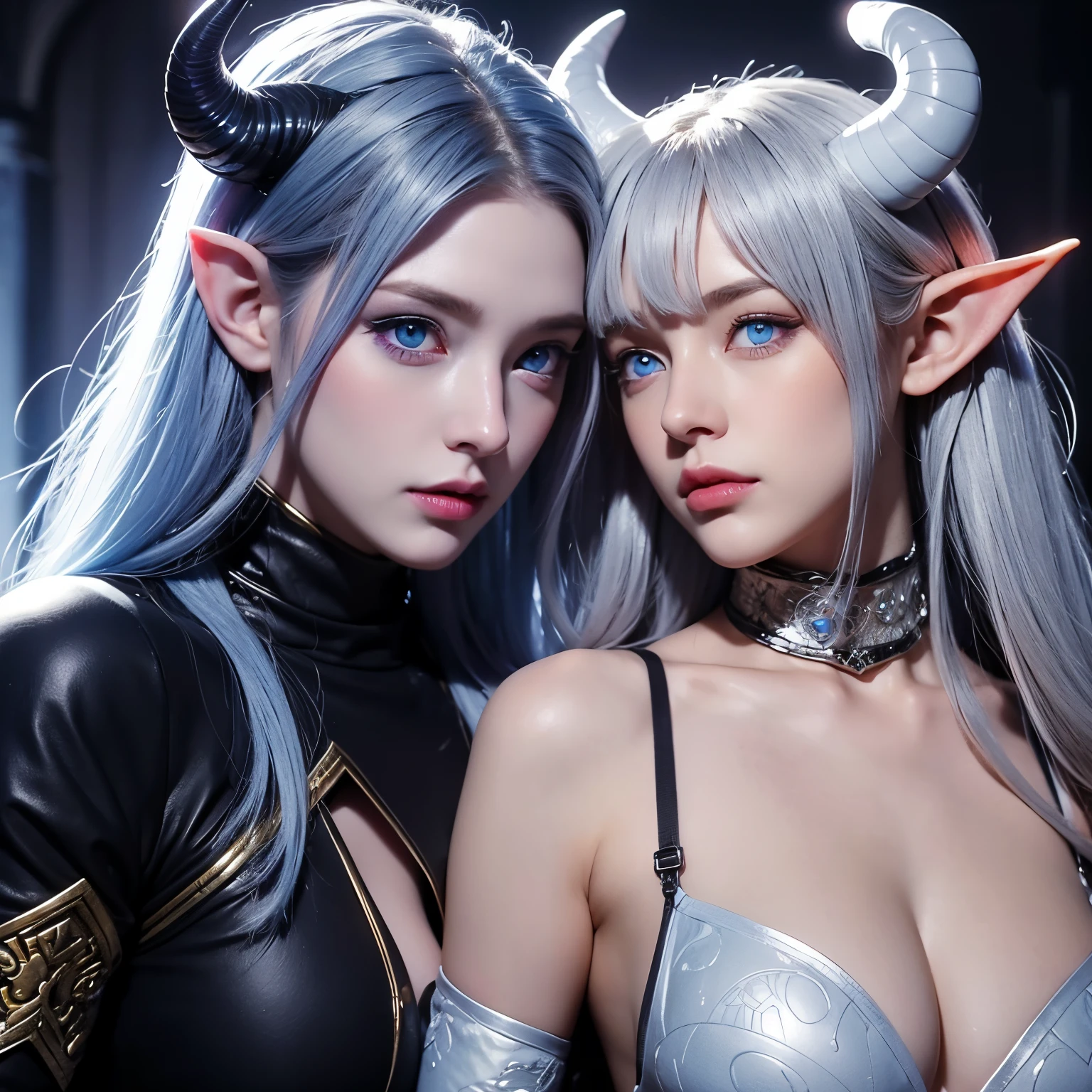 Female tiefling/half-elf with heterochromatic blue eyes with bluish gray skin, horns and a white snake companion